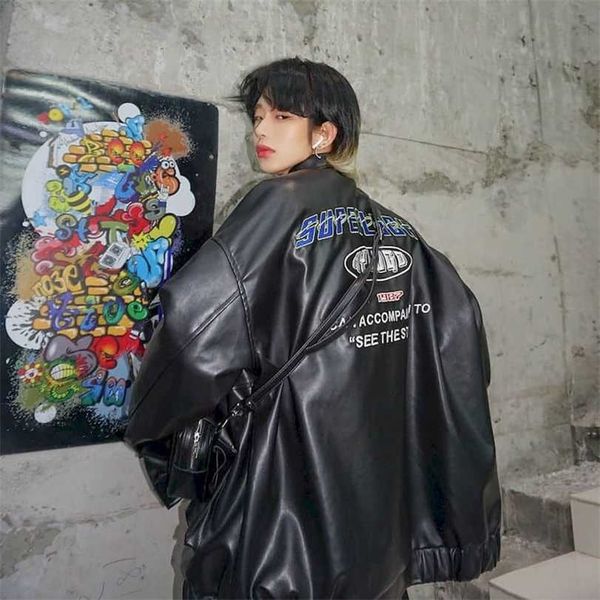 motorcycle leather men's flight suit jacket spring autumn korean style trendy handsome loose soft winter women's 211214, Black;brown